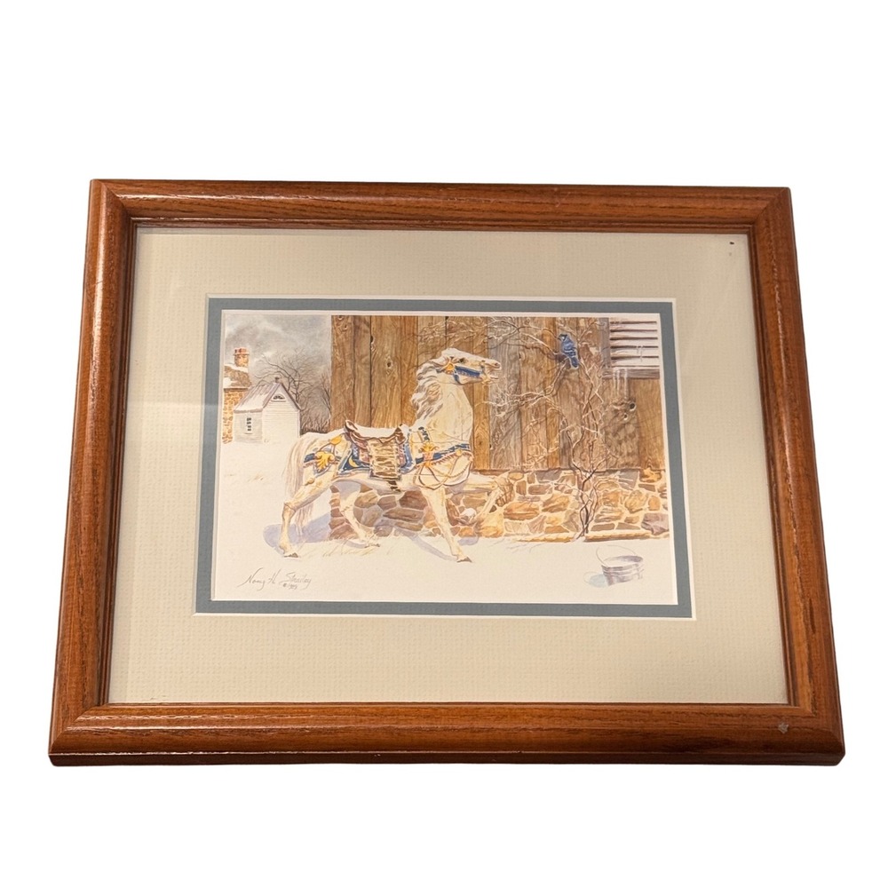 VTG Nancy Strainly Art‎ Framed Winter Horse Watercolor Painting Signed 1989